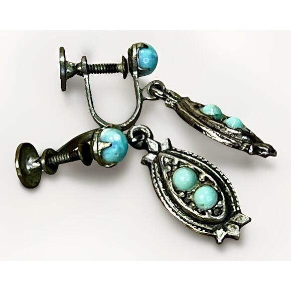 Turquoise Screwback Earring Set Vintage Dangle Silver Plated Southwestern Retro - Picture 1 of 12